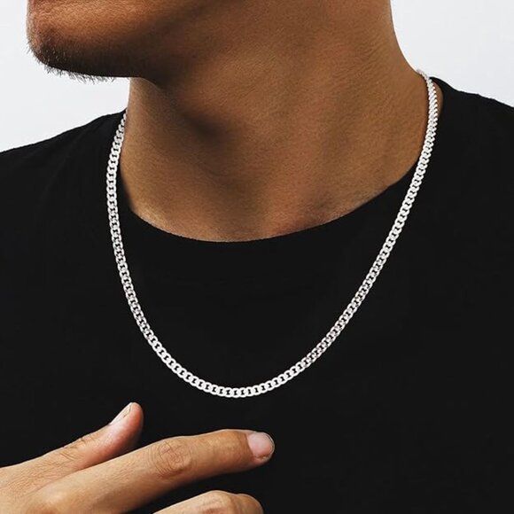 Cuban Link Chains for Men, 925 Sterling Silver Over 3.5mm Diamond Cut Silver - Picture 1 of 5